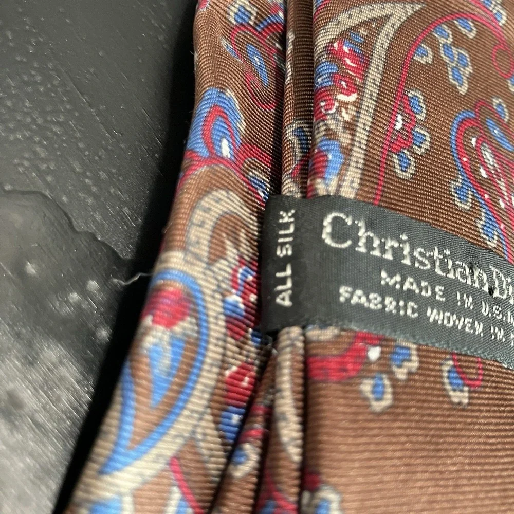 Christian Dior 100% Silk Paisley Necktie Brown Red Blue Made USA Woven Italy